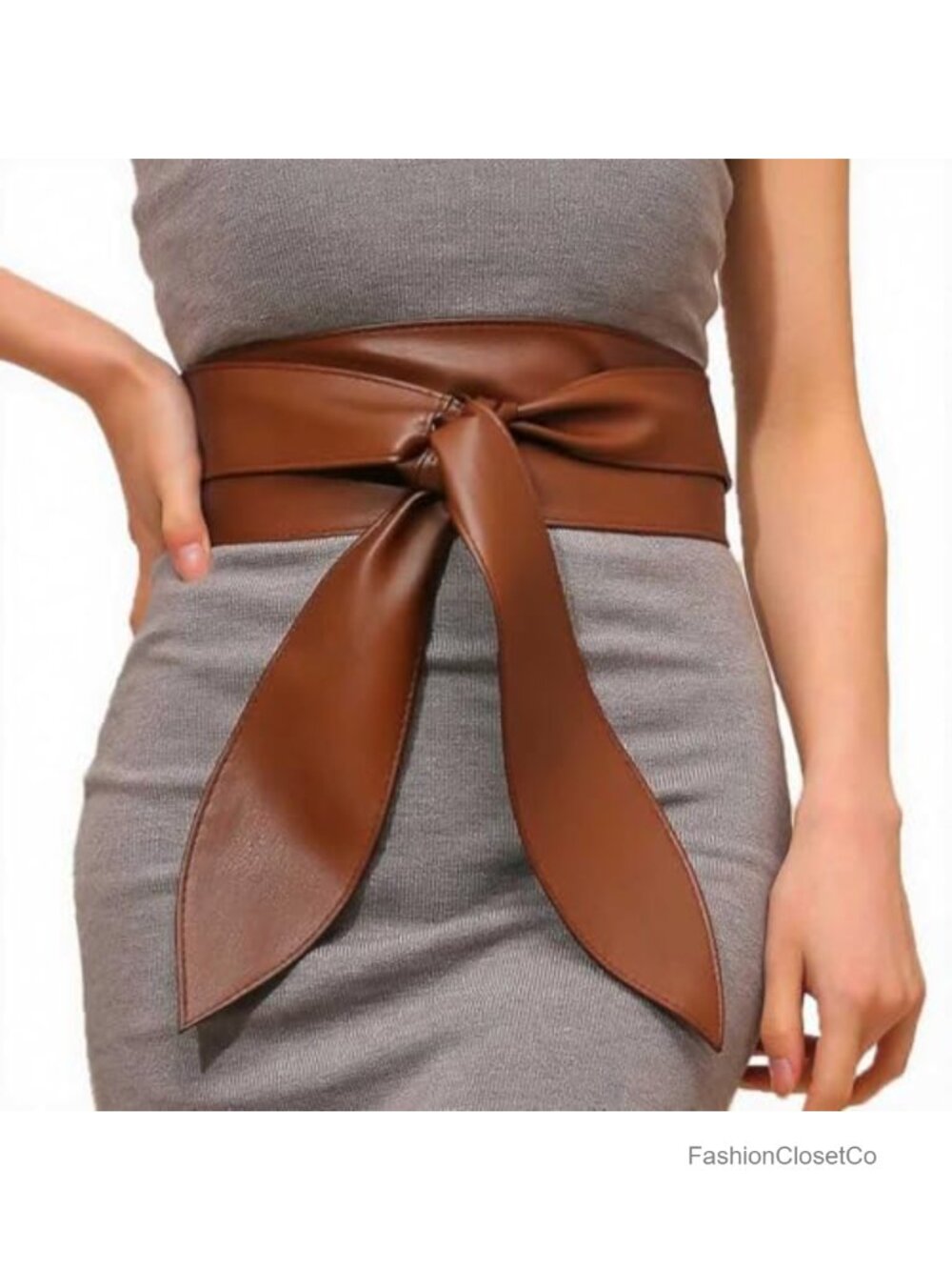 Wide Leather Wrap Belt with Knot Closure - Adjustable Obi Belt